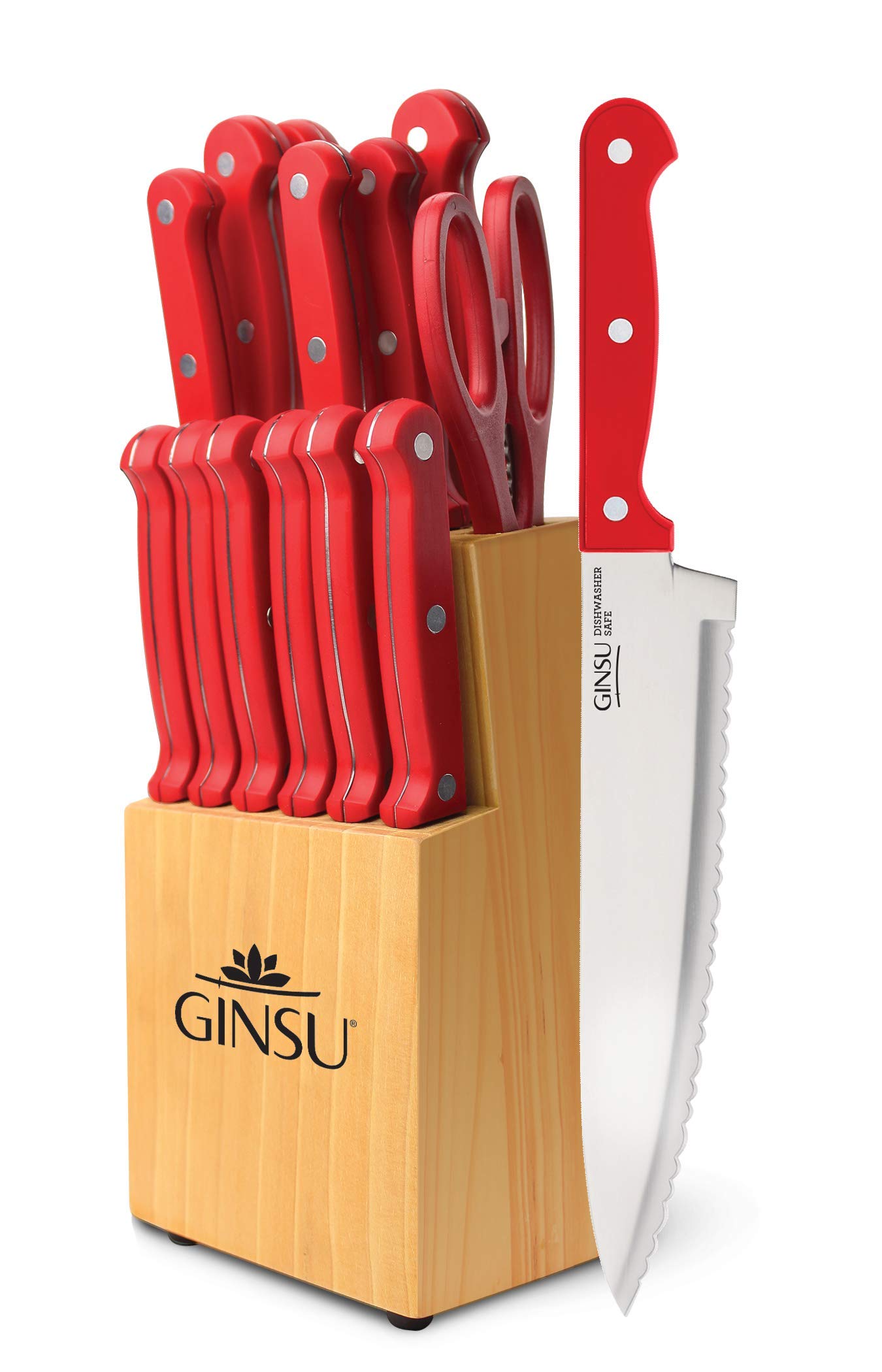 Ginsu Kiso 14-Piece Red Knife Set with Natural Block - Dishwasher Safe and Always Sharp